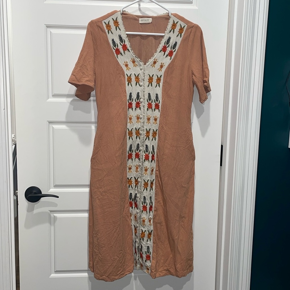 Roolee Rust Midi Dress with Embroidered Cream Panel